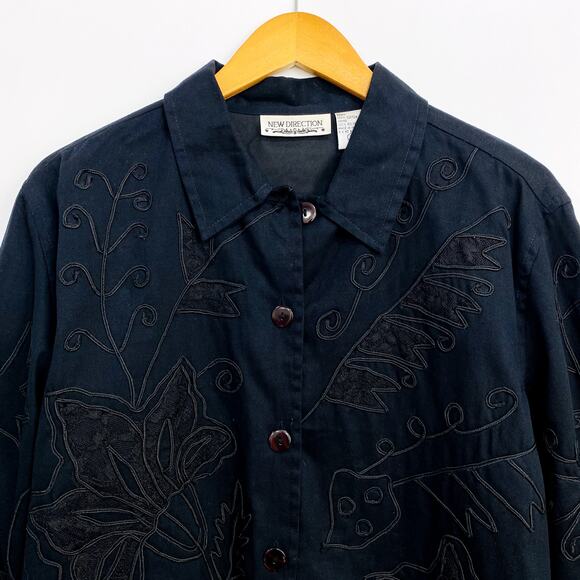 New Direction Blouse Women's XL Black Y2K Embroidered Ribbon Button Front Top - Picture 3 of 10